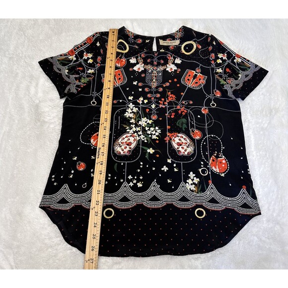 Piccione Piccione Black Floral Short Sleeve 100% Silk Blouse Top Sz 8/44 Italy - Picture 8 of 11
